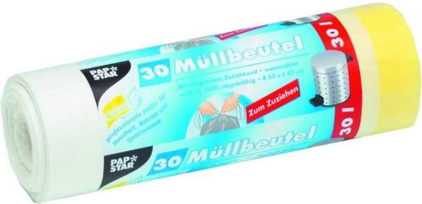 Müllbeutel 530x620mm HDPE 0,017mm 30 Liter weiß mit Zugband 