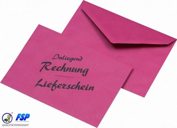 Lieferschein und Rechnung: roter recyclebarer Briefumschlag ohne Fenster Din C6 Maße: 114x162mm nassklebend. Verpackungseinheit (VE) = 1000Stk.