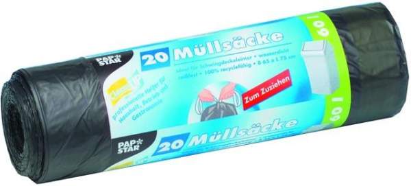 Müllbeutel 60Liter 650x750mm LDPE 0,022 mm mit Zugband grau